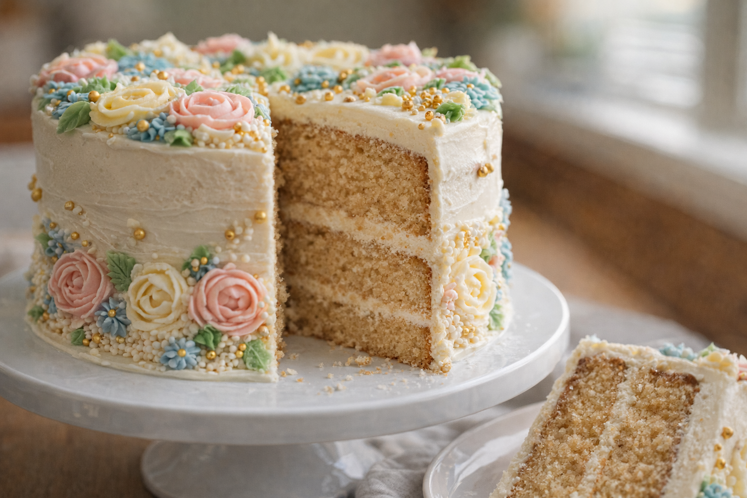 A beautifully frosted and decorated cake, displayed on a cake stand with soft, natural lighting. Focus is on the moist crumb of a slice.